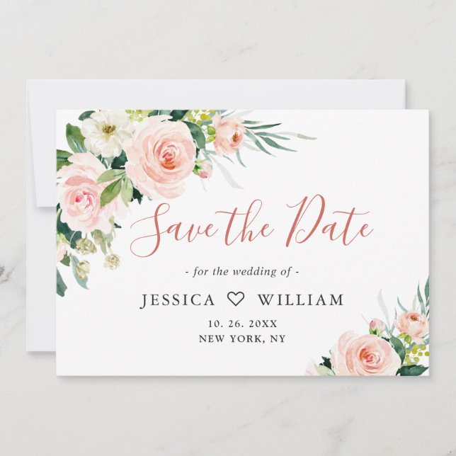 Elegant Eucalyptus Blush Pink Flowers Wedding Save The Date (Front)