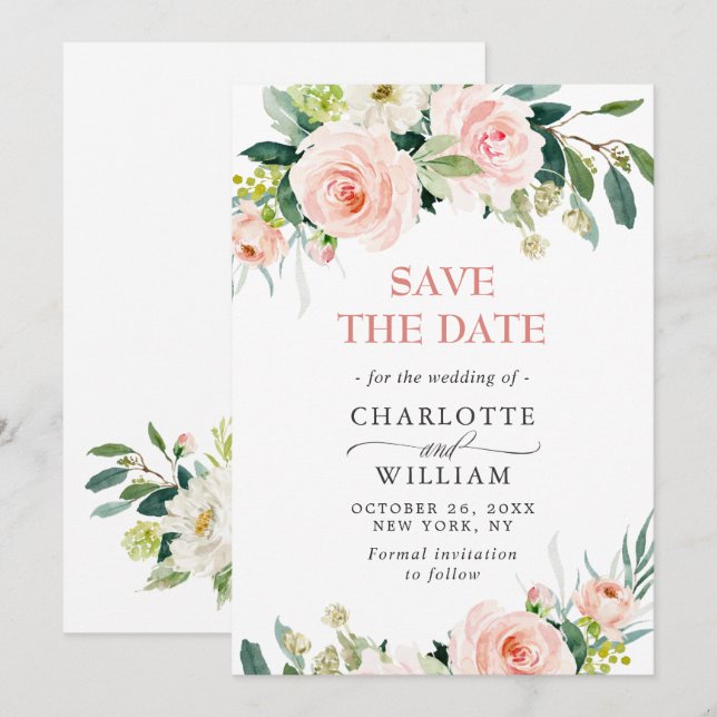 Elegant Eucalyptus Blush Pink Flowers Wedding Save The Date (Front/Back)