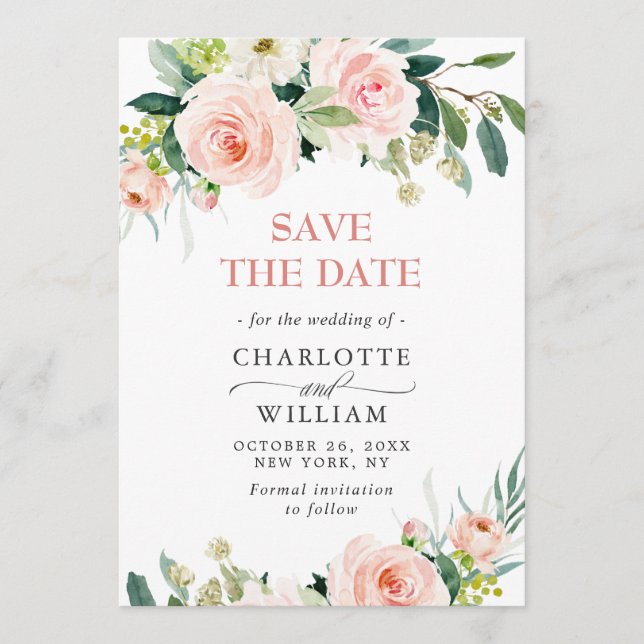 Elegant Eucalyptus Blush Pink Flowers Wedding Save The Date (Front)