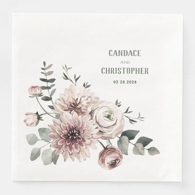 Elegant Eucalyptus Blush Pink Ranunculus & Dahlias Paper Dinner Napkins (Front)