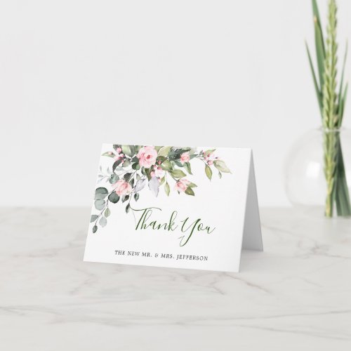 Elegant Eucalyptus Blush Pink Roses Boho Wedding Thank You Card