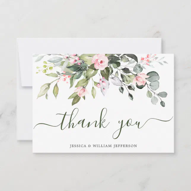 Elegant Eucalyptus Blush Pink Roses Floral Thank You Card | Zazzle