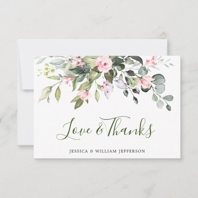Elegant Eucalyptus Blush Pink Roses Floral Thank You Card (Front)