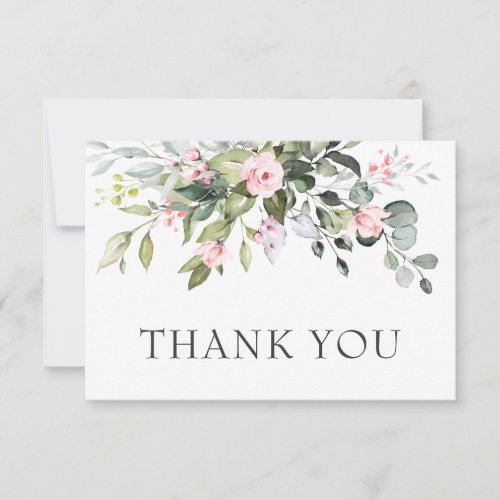 Elegant Eucalyptus Blush Pink Roses Floral Wedding Thank You Card