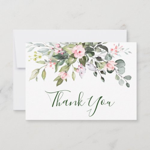 Elegant Eucalyptus Blush Pink Roses Floral Wedding Thank You Card