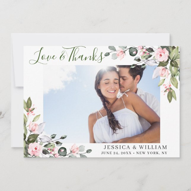 Elegant Eucalyptus Blush Pink Roses PHOTO Thank You Card (Front)