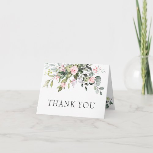 Elegant Eucalyptus Blush Pink Roses Wedding Thank You Card