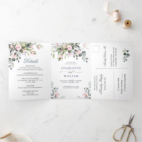 Elegant Eucalyptus Blush Pink Roses Wedding Tri_F Tri_Fold Invitation