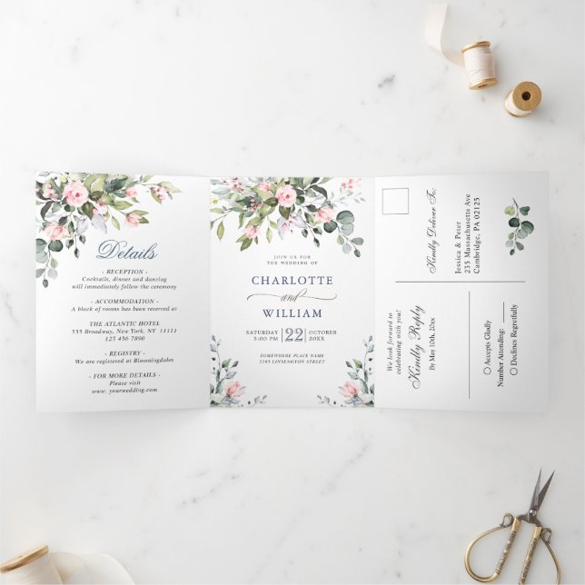 Elegant Eucalyptus Blush Pink Roses Wedding Tri-F Tri-Fold Invitation (Inside)