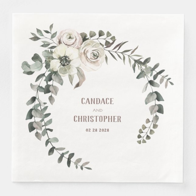 Elegant Eucalyptus Blush Ranunculus Roses Anemone Paper Dinner Napkins (Front)