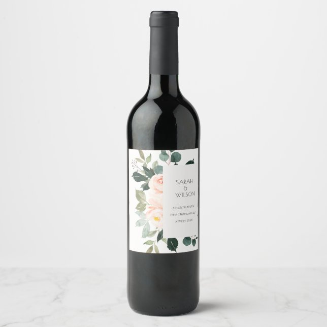 Elegant Eucalyptus Blush Rose Pink Wedding Wine Label (Front)