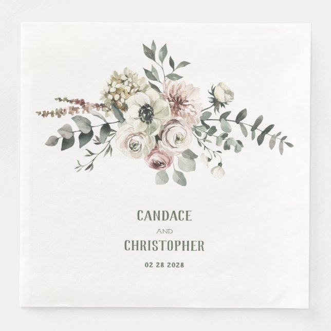 Elegant Eucalyptus Blush Rose White Hydrangea Paper Dinner Napkins (Front)