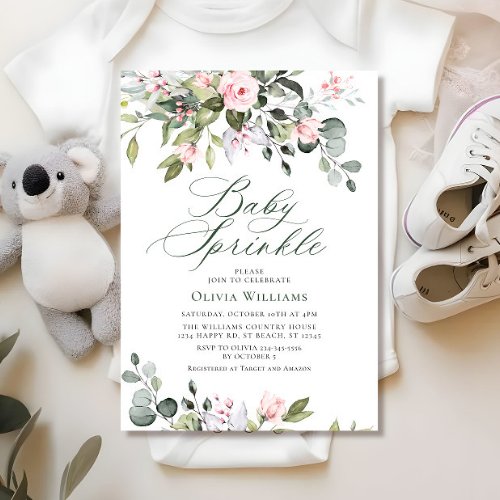 Elegant Eucalyptus Blush Roses Baby Sprinkle Invitation