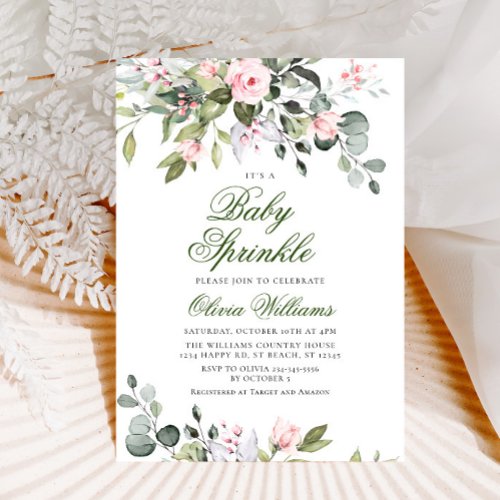 Elegant Eucalyptus Blush Roses Baby Sprinkle Invitation