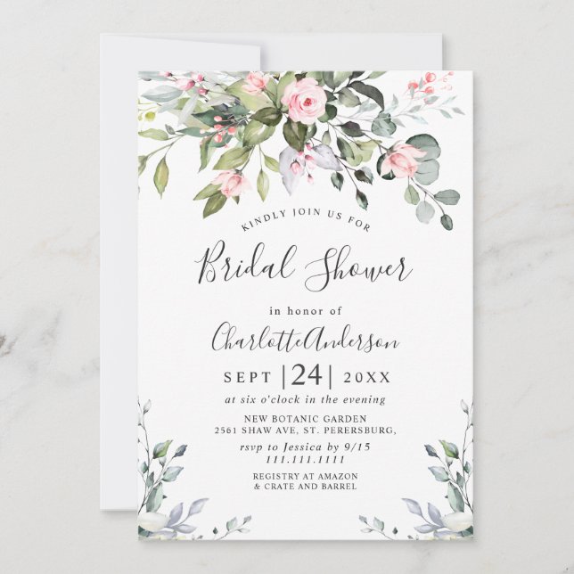 Elegant Eucalyptus Blush Roses BRIDAL SHOWER Invitation (Front)