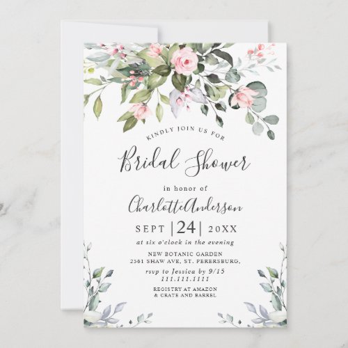 Elegant Eucalyptus Blush Roses BRIDAL SHOWER Invitation