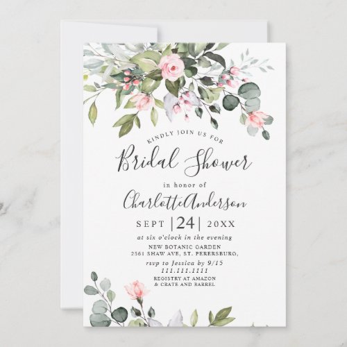 Elegant Eucalyptus Blush Roses Bridal  Shower Invitation