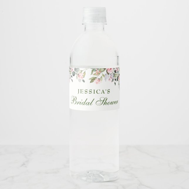 Elegant Eucalyptus Blush Roses Bridal Shower Water Bottle Label (Front)
