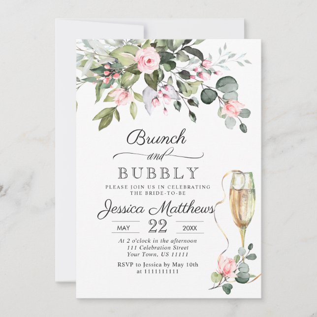 Elegant Eucalyptus Blush Roses Brunch & Bubbly Invitation (Front)