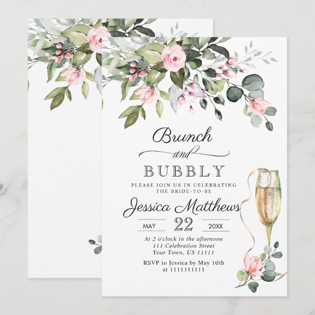 Elegant Eucalyptus Blush Roses Brunch & Bubbly Invitation (Front/Back)