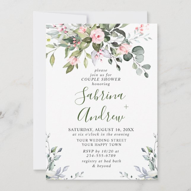 Elegant Eucalyptus Blush Roses COUPLE SHOWER Invitation (Front)