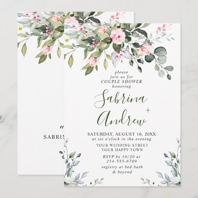 Elegant Eucalyptus Blush Roses COUPLE SHOWER Invitation (Front/Back)
