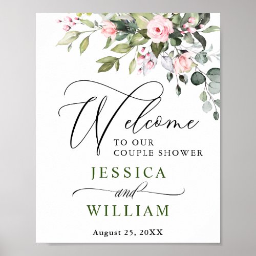 Elegant Eucalyptus Blush Roses Couple Shower Poster