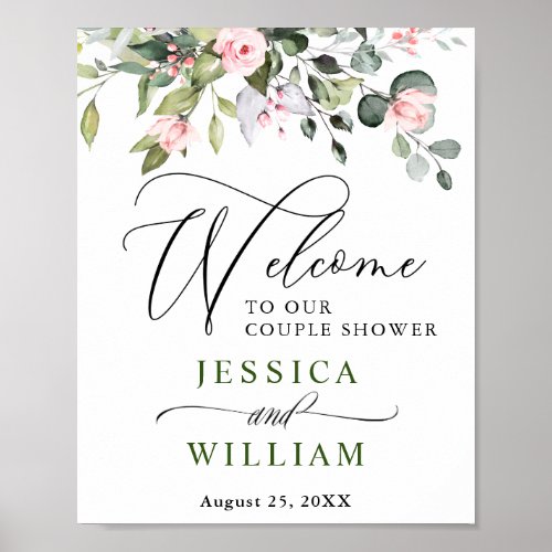 Elegant Eucalyptus Blush Roses Couple Shower Poster