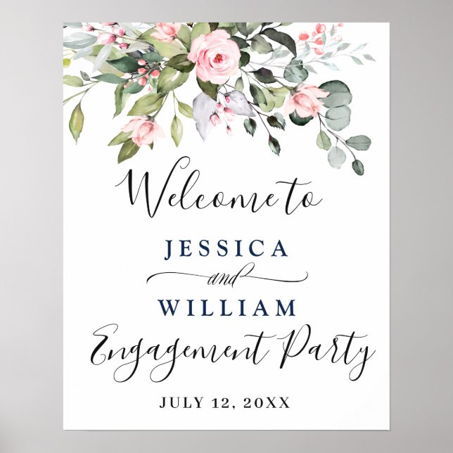 Elegant Eucalyptus Blush Roses Engagement Party Poster (Front)