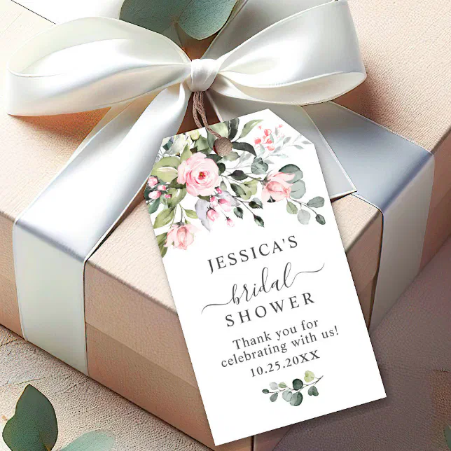 Elegant Eucalyptus Blush Roses Favor Bridal Shower Gift Tags | Zazzle