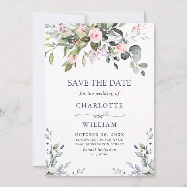 Elegant Eucalyptus Blush Roses Floral Wedding Save The Date (Front)