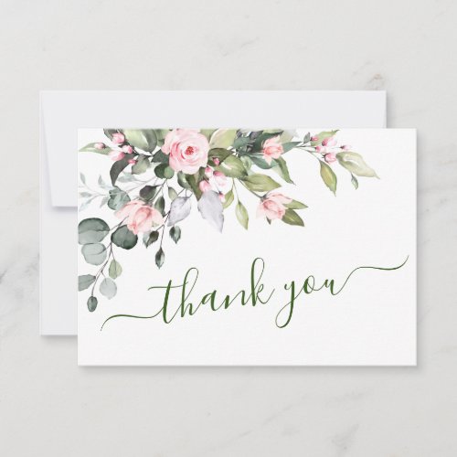 Elegant Eucalyptus Blush Roses Floral Wedding Thank You Card