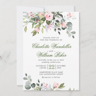 Elegant Eucalyptus Blush Roses Greenery Wedding Invitation