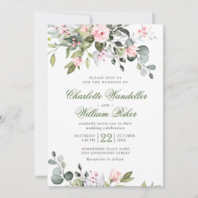 Elegant Eucalyptus Blush Roses Greenery Wedding Invitation (Front)