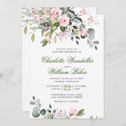 Elegant Eucalyptus Blush Roses Greenery Wedding Invitation