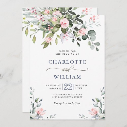 Elegant Eucalyptus Blush Roses Greenery Wedding Invitation