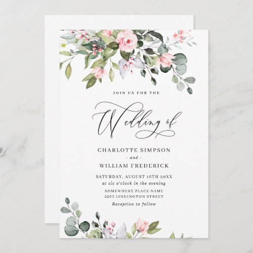 Elegant Eucalyptus Blush Roses Greenery Wedding Invitation