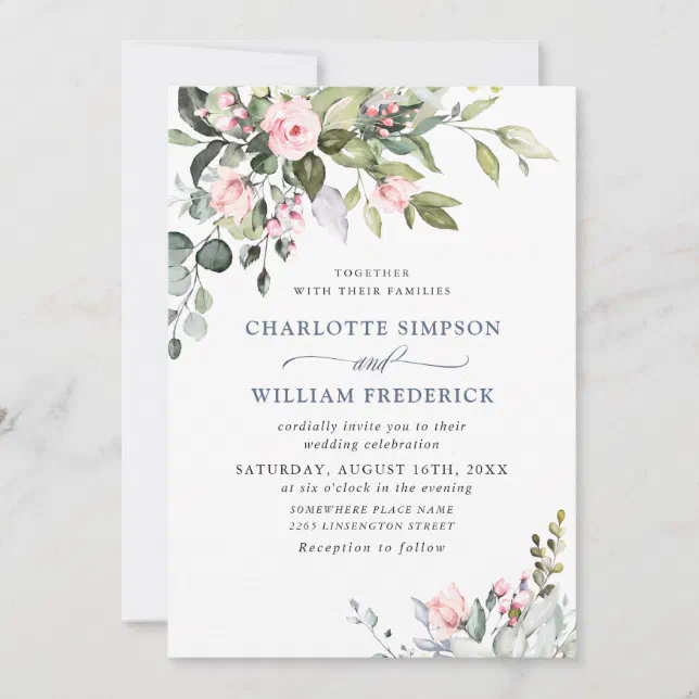 Elegant Eucalyptus Blush Roses Greenery Wedding Invitation | Zazzle