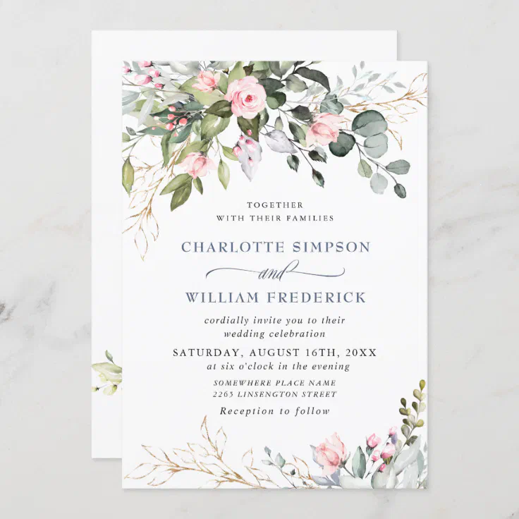 Elegant Eucalyptus Blush Roses Greenery Wedding Invitation | Zazzle