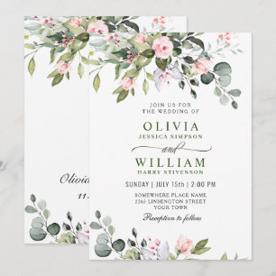 Elegant Eucalyptus Blush Roses Greenery Wedding Invitation