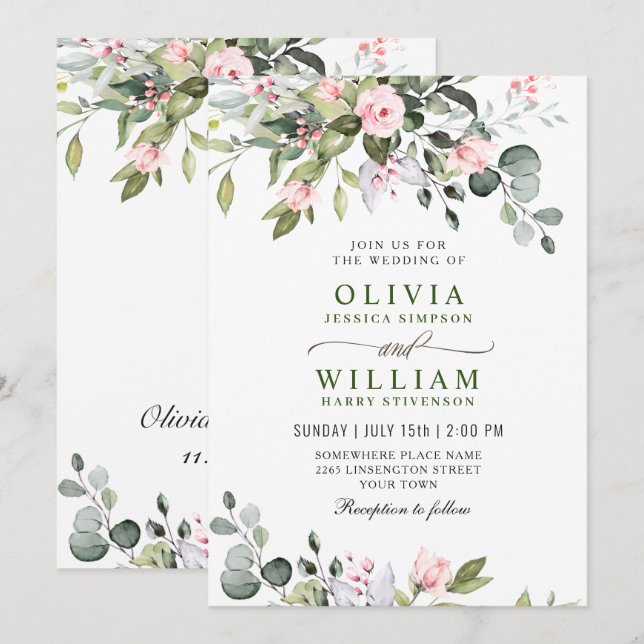 Elegant Eucalyptus Blush Roses Greenery Wedding Invitation (Front/Back)