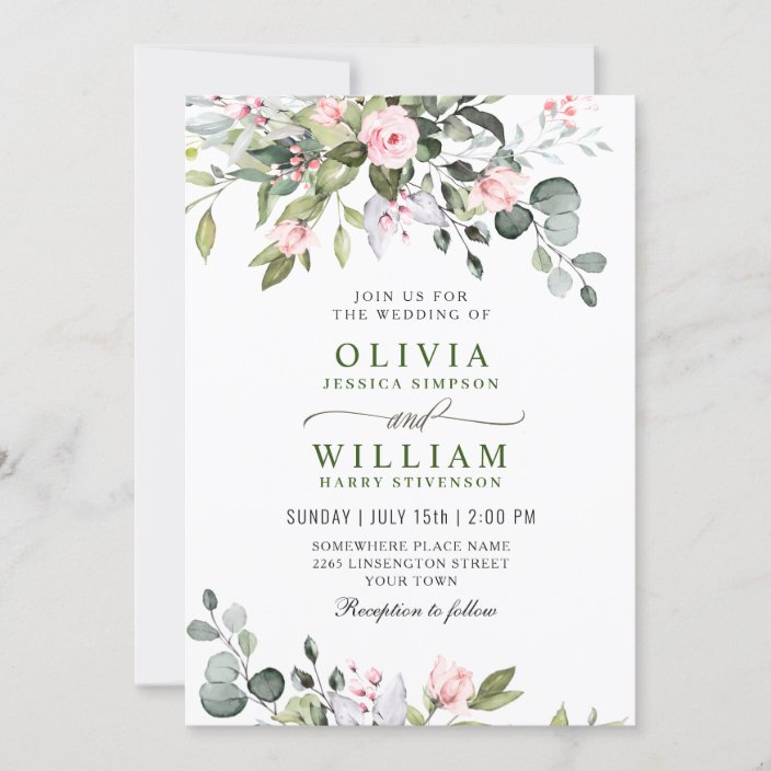 Elegant Eucalyptus Blush Roses Greenery Wedding Invitation | Zazzle.com