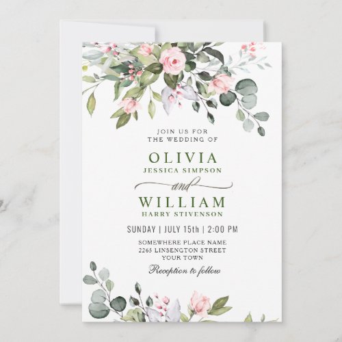 Elegant Eucalyptus Blush Roses Greenery Wedding Invitation