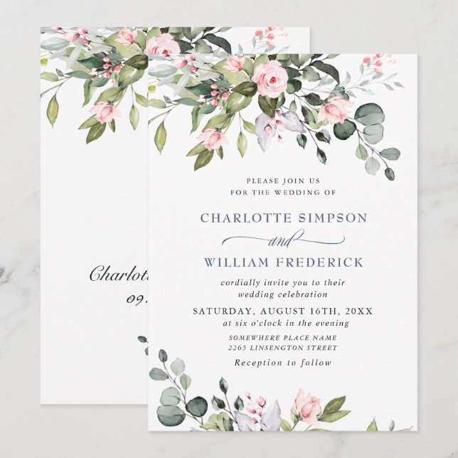 Elegant Eucalyptus Blush Roses Greenery Wedding Invitation (Front/Back)