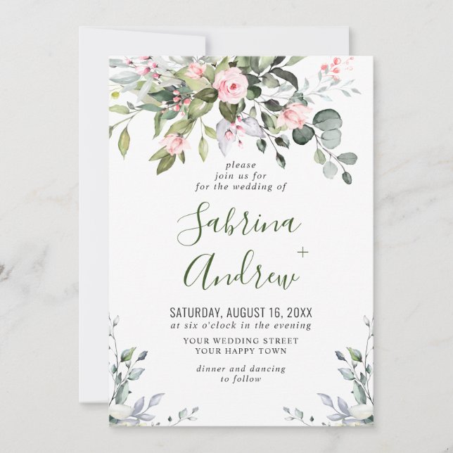 Elegant Eucalyptus Blush Roses Greenery Wedding Invitation (Front)