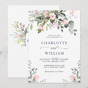 Elegant Eucalyptus Blush Roses Greenery Wedding Invitation