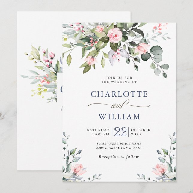 Elegant Eucalyptus Blush Roses Greenery Wedding Invitation (Front/Back)