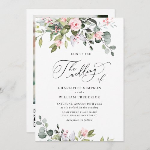 Elegant Eucalyptus Blush Roses QR code Wedding Invitation