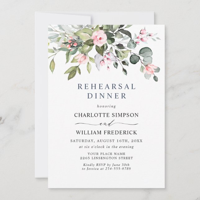 Elegant Eucalyptus Blush Roses REHEARSAL DINNER Invitation (Front)