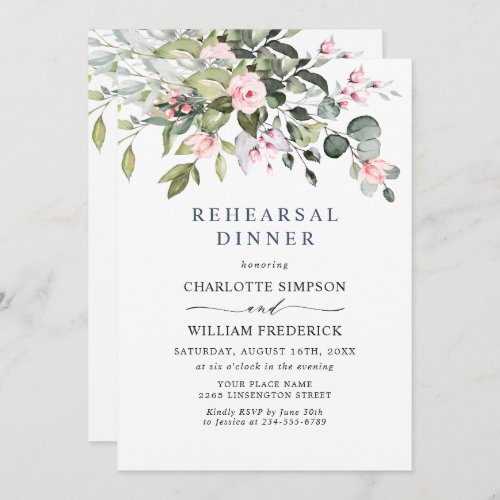 Elegant Eucalyptus Blush Roses REHEARSAL DINNER Invitation